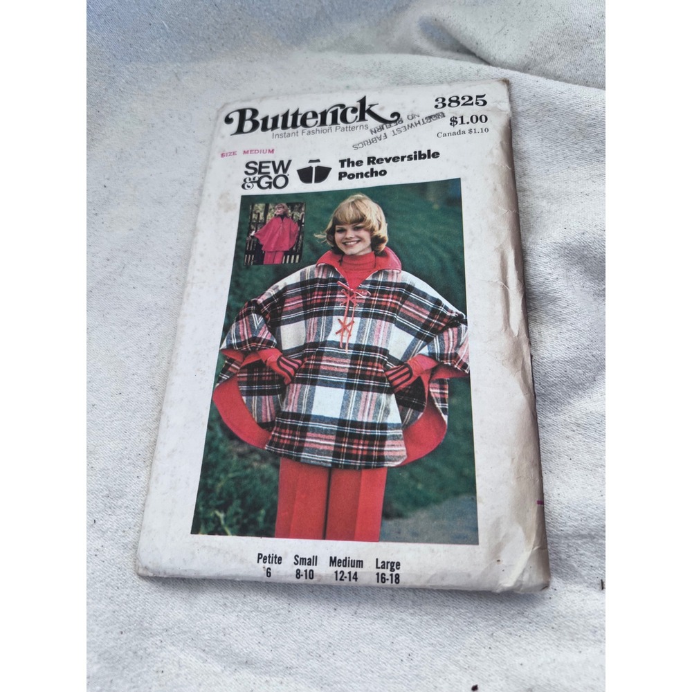 Vintage Womens Butterick 3825 Reversible Poncho Pattern Medium Multi-Size White
